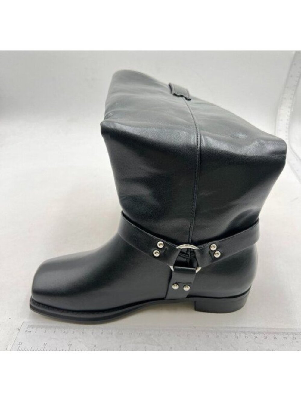 Women Square Toe Knee Low Boots Chunky Block High Heel Riding Boots Black